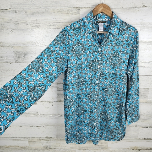 Tommy Bahama Turquoise Cotton Button Up Shirt Blue Boho Coastal Resortwear M - Picture 7 of 16
